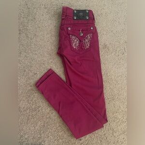 Miss Me Skinny Jeans with Rasberry Angel Wing Bedazzeled Rhinestone Back Pockets